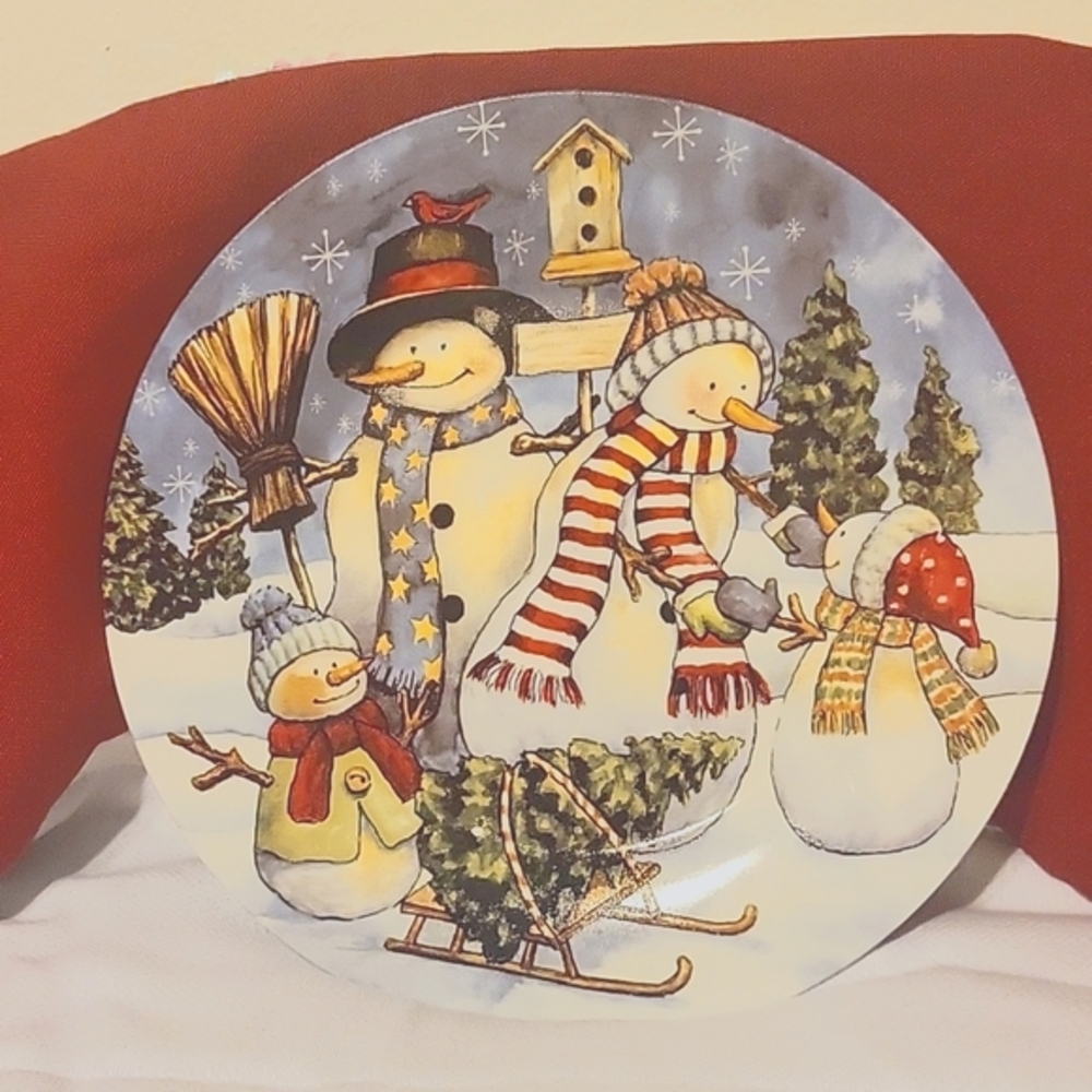 Vintage Holiday Snowman Winter Scene Ceramic Collector Plate Festive Decor